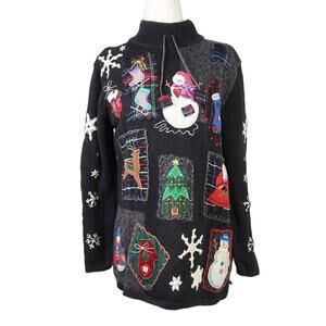 Vintage 90s Design Originals black knit Christmas snowman mockneck sweater S